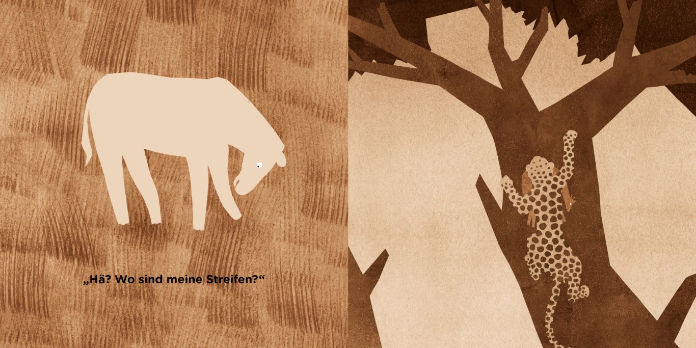 Zebra verliert Streifen, Leopard auf Baum